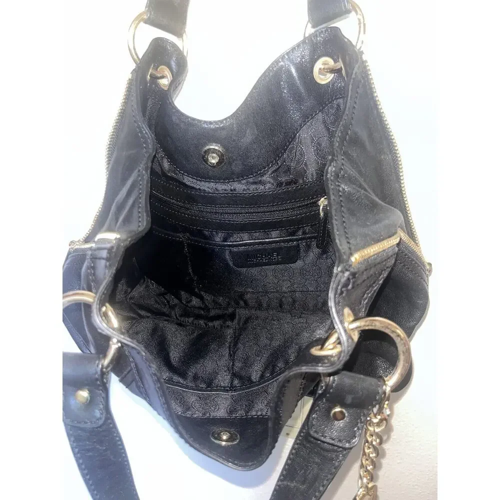 Michael Kors Moxley Black Leather Gold Zippers Details Shoulder Bag